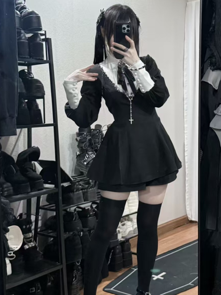 Vintage Fashion Retro Outfit - ชุดเดรสสไตล์โกธิควินเทจญี่ปุ่นทรงเข้ารูปสำหรับผู้หญิง ปี 2026 + ชุดเดรสลูกไม้โบว์สไตล์ Y2K