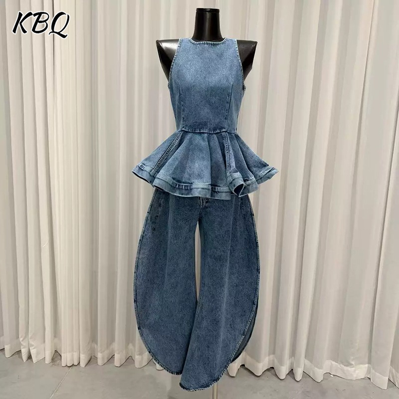 Vintage Fashion Style Female - ชุดเซ็ตสองชิ้น KBQ สีน้ำเงินแบบต่อผ้า ดีไซน์วินเทจ เสื้อกั๊กแขนกุดคอกลมสำหรับผู้หญิง พร้อมกางเกงขายาว