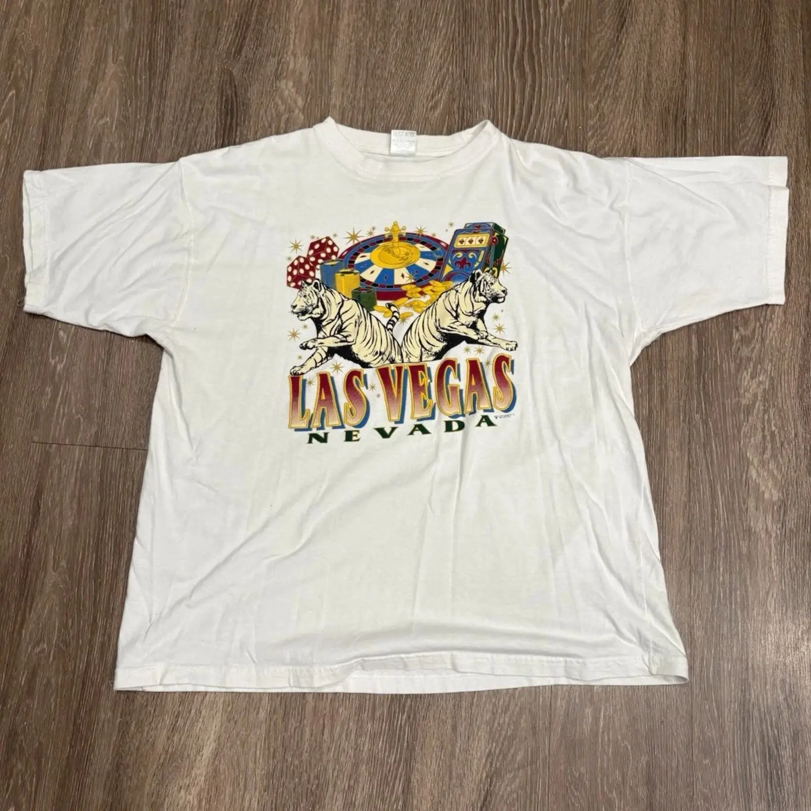Vintage Fashion Las Vegas - เสื้อยืดลายเสือคาสิโนลาสเวกัสสำหรับผู้ชาย ไซส์ L สีขาว ผ้าฝ้าย ทรงคอกลม