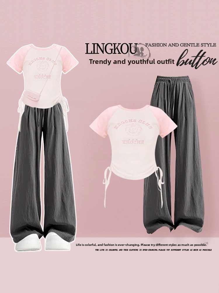 Vintage Fashion T Shirts - ชุดเซ็ตฤดูร้อนสำหรับผู้หญิงไซส์ใหญ่แฟชั่น ทันสมัย เสื้อยืดแขนสั้นรูดเชือกที่ไหล่ ดีไซน์หวาน พร้อมกางเกงลำลองสไตล์วินเทจ ชุดสองชิ้น