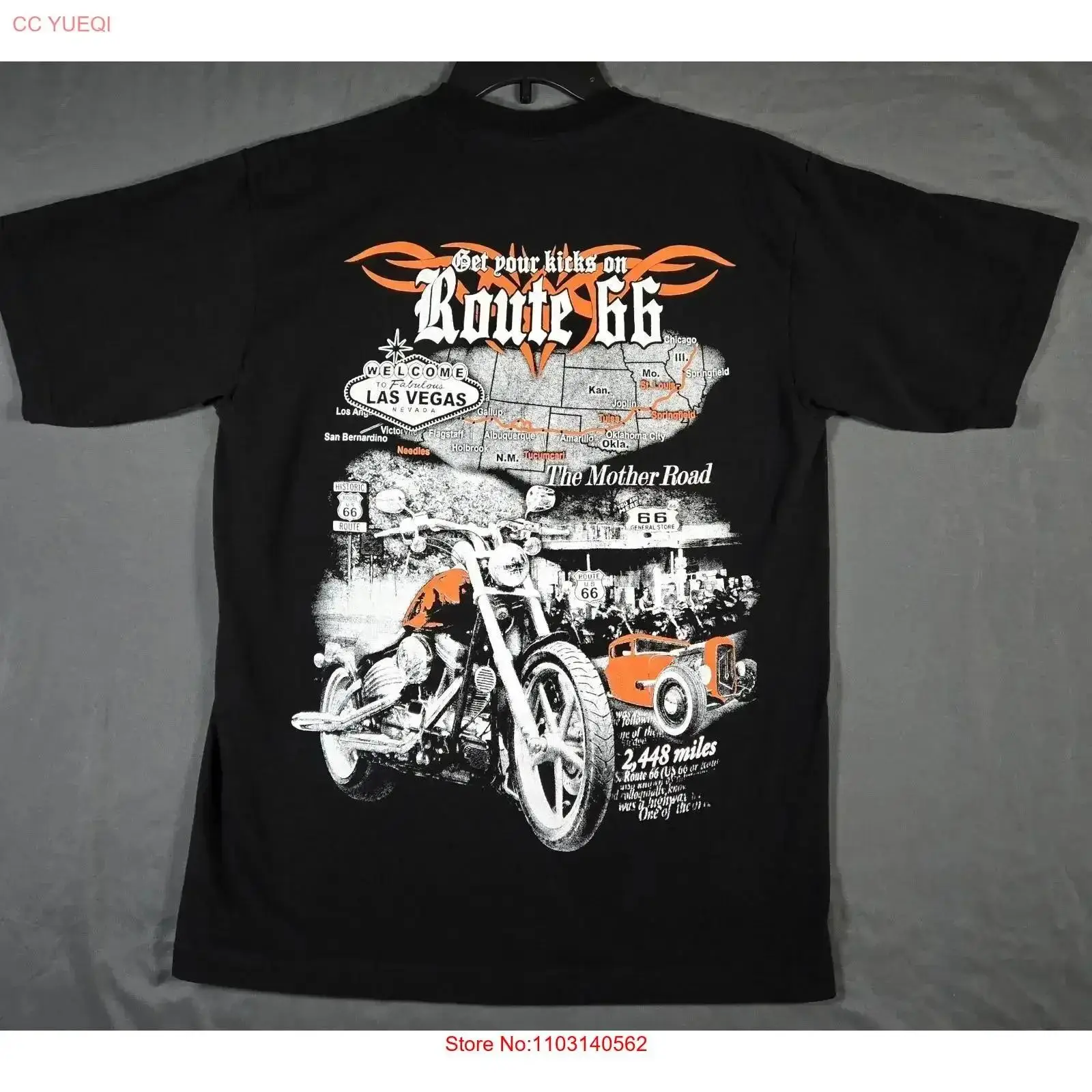 Vintage Fashion Las Vegas - เสื้อยืดสีดำลาย Las Vegas Route 66 Motorcycle