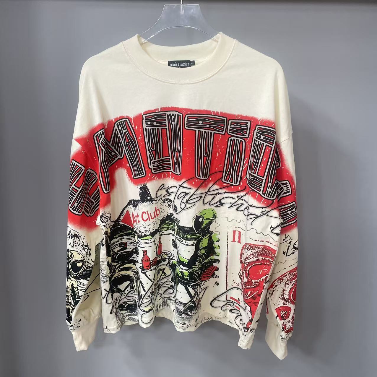 Vintage Fashion T Shirts - เสื้อยืดแขนยาวดีไซน์เนอร์คุณภาพสูง MIXED-EMOTION ผ้าฝ้าย 100% สำหรับผู้ชายและผู้หญิง ลายพิมพ์วินเทจและประดับคริสตัล