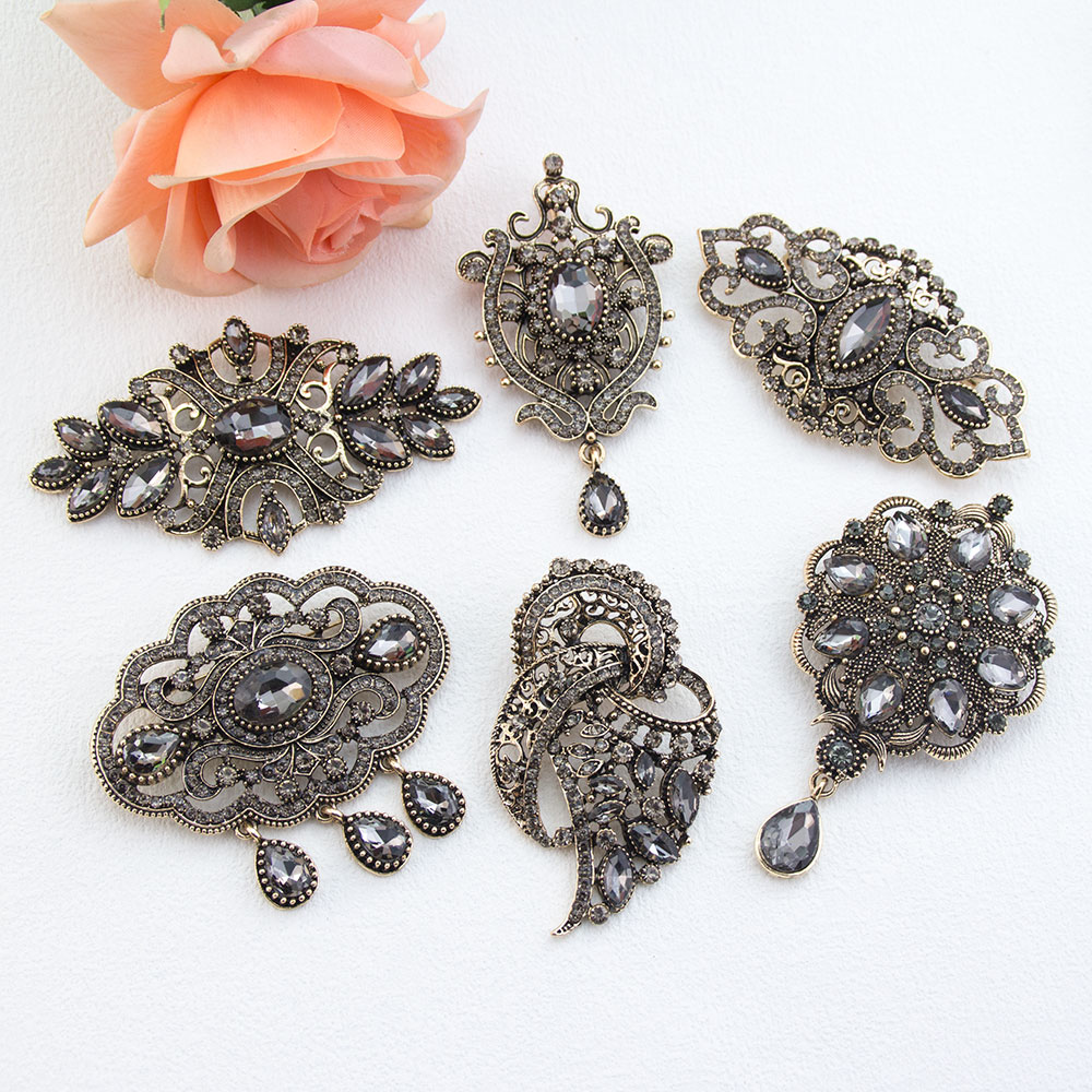 Vintage Fashion Hijab - เข็มกลัดคริสตัลสีเทาสไตล์วินเทจสำหรับผู้หญิง ติดปกเสื้อฮิญาบ สีทองโบราณ สไตล์โบฮีเมียน