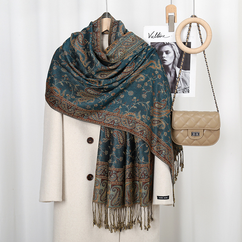 Vintage Fashion Hijab - ผ้าพันคอพิมพ์ลายโบฮีเมียนลายเม็ดมะม่วงหิมพานต์สำหรับผู้หญิง พู่ห้อยระย้า ผ้าพันคอพัชมีนา ผ้าแจ็คการ์ดวินเทจ ผ้าคลุมไหล่หรูหรา สไตล์เรโทร