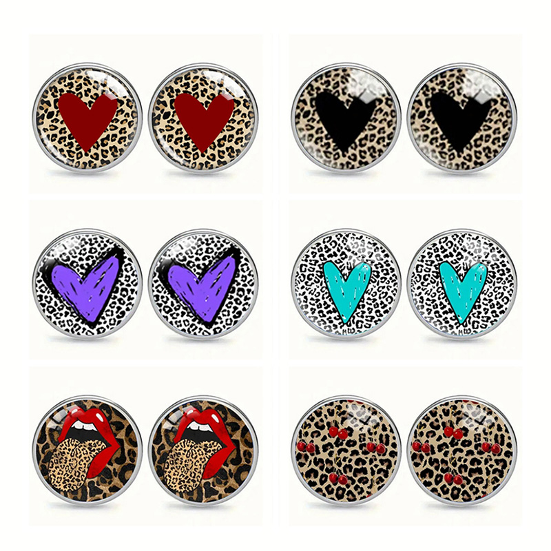 Vintage Fashion Illustrations - Vintage Heart Leopard พิมพ์ต่างหูแก้วสแตนเลสรอบต่างหูสตั๊ดสําหรับเครื่องประดับสตรี