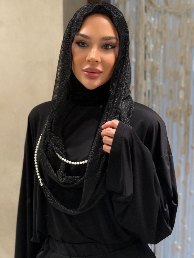 Vintage Fashion Hijab - ผ้าคลุมศีรษะฮิญาบแบบใหม่สไตล์ดูไบ ประดับมุก พร้อมสายคล้องคอ ผ้าพันศีรษะวินเทจ ผ้าไหม ประดับจี้