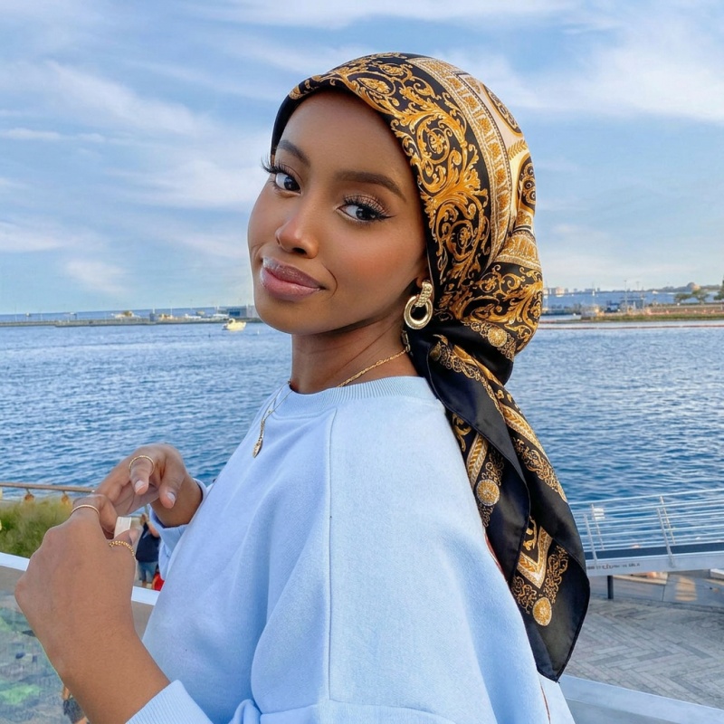 Vintage Fashion Hijab - ผ้าพันคอซาตินวินเทจทรงสี่เหลี่ยมสำหรับผู้หญิง ผ้าคลุมศีรษะฤดูร้อนลายดอกไม้สไตล์เรโทรบาโรก น้ำหนักเบา ใช้พันคอ ผูกผม ผ้าคลุมไหล่ลำลองสำหรับเดินทาง