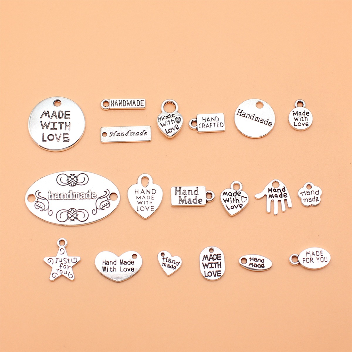 Vintage Fashion Tags - 19ชิ้นสีเงินโบราณทำด้วยมือ, ทำด้วยป้ายรักสำหรับการทำเครื่องประดับ DIY, 19รูปแบบ, 1ชิ้นต่อชิ้น