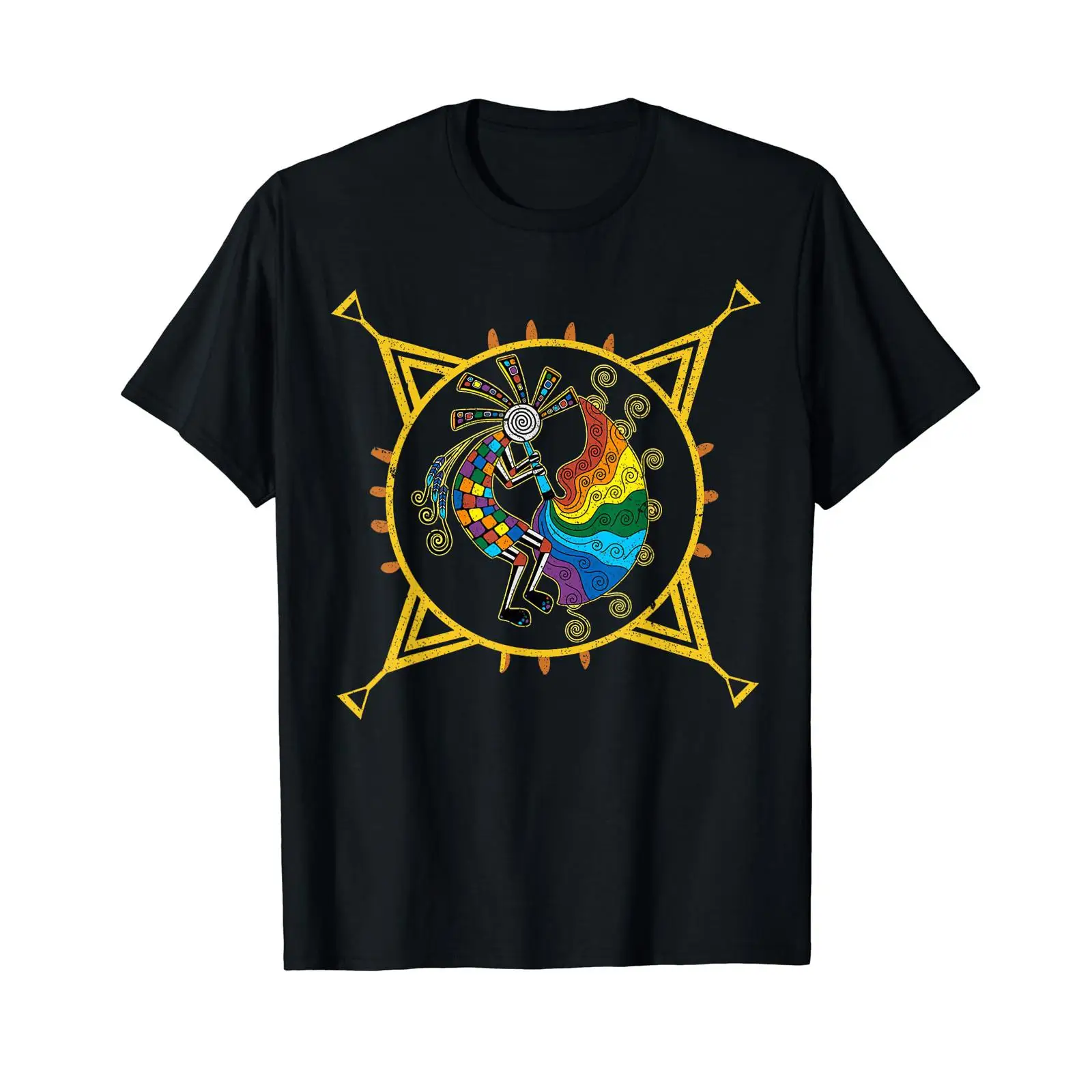 Vintage Fashion Drawings - เสื้อยืด Kokopelli ลายภาพแกะสลักหินอเมริกันลายขลุ่ย ลายเชื้อสายโบราณ สไตล์วินเทจ ซักแล้ว