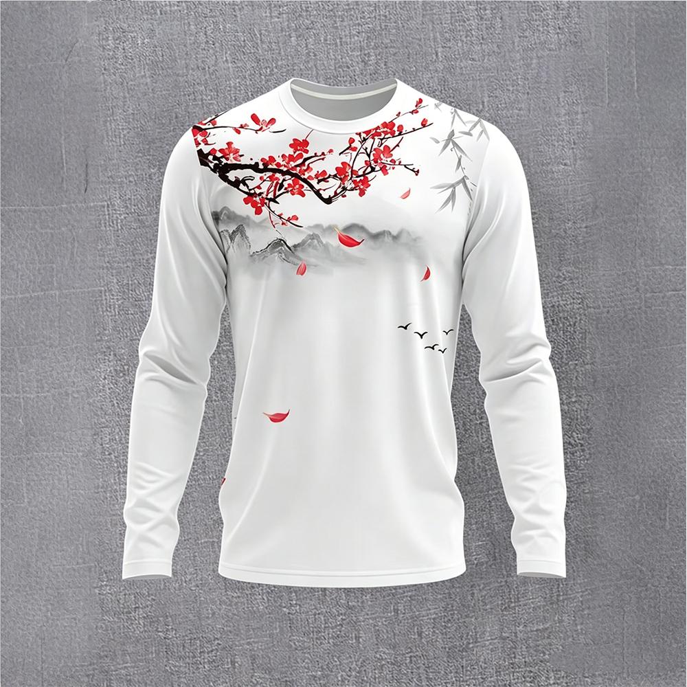 Vintage Fashion T Shirts - เสื้อยืดแขนยาวลายดอกพลัมสไตล์จีนสำหรับผู้ชาย ลายพิมพ์วิวทิวทัศน์สไตล์วินเทจ เสื้อเชิ้ตลำลองแฟชั่นสตรีทแวร์