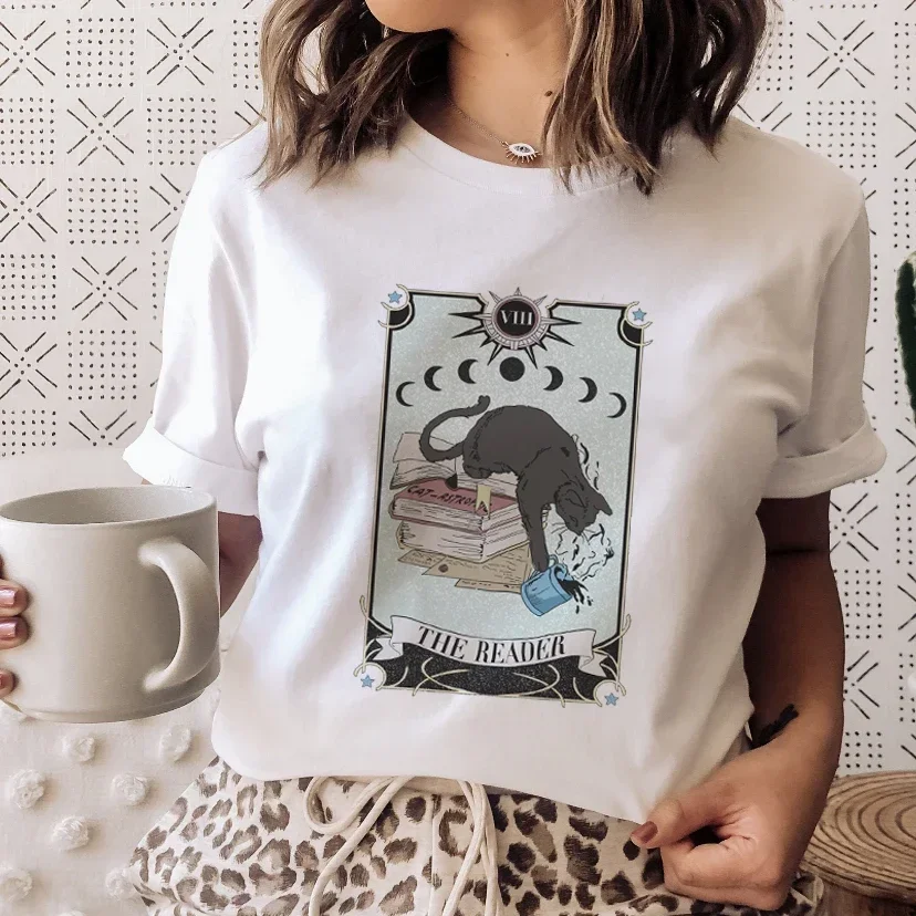 Vintage Fashion Books - หนังสือแมว Tarot Vintage Tee แฟชั่นเสื้อยืดผู้หญิงใหม่ฤดูร้อน Tshirt