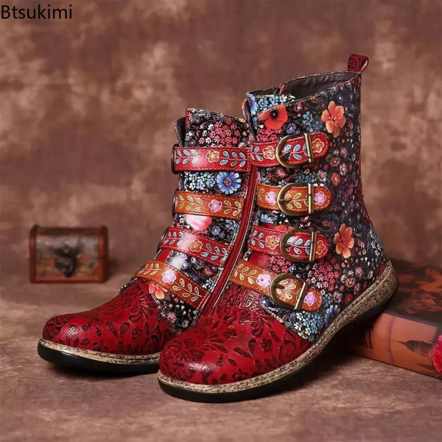 Vintage Fashion Style Female - รองเท้าบูทหนังพิมพ์ลายสไตล์ชาติพันธุ์สำหรับผู้หญิง ฤดูใบไม้ร่วง-ฤดูหนาว รองเท้าบูทหุ้มข้อกลางสไตล์วินเทจ แฟชั่นสตรีท รองเท้าสุภาพสตรี รองเท้าบูทสั้นสำหรับผู้หญิง