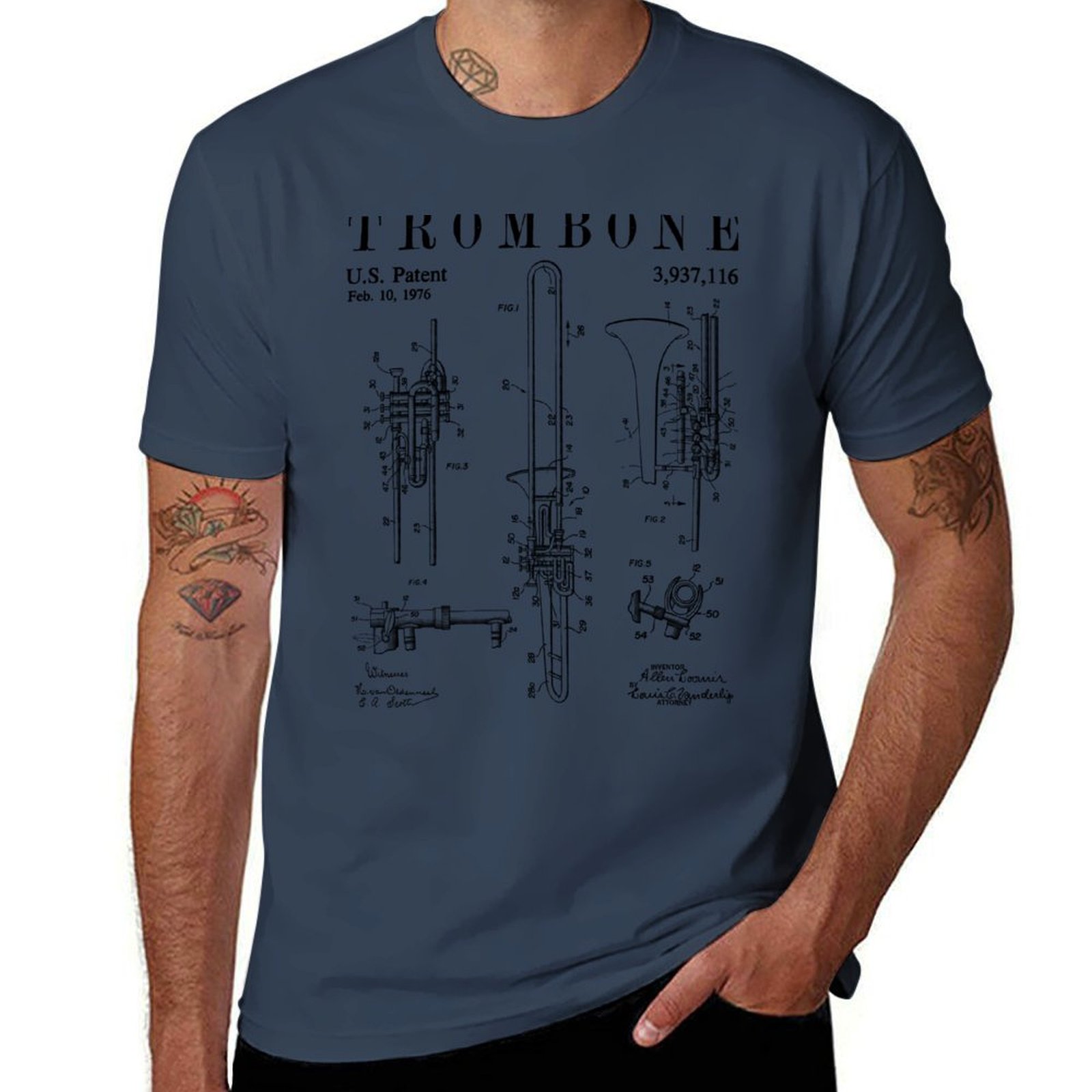 Vintage Fashion Drawings - เสื้อยืดพิมพ์ลายทรอมโบนสไตล์วินเทจ แฟชั่นพิมพ์ลายลำลองแขนสั้น