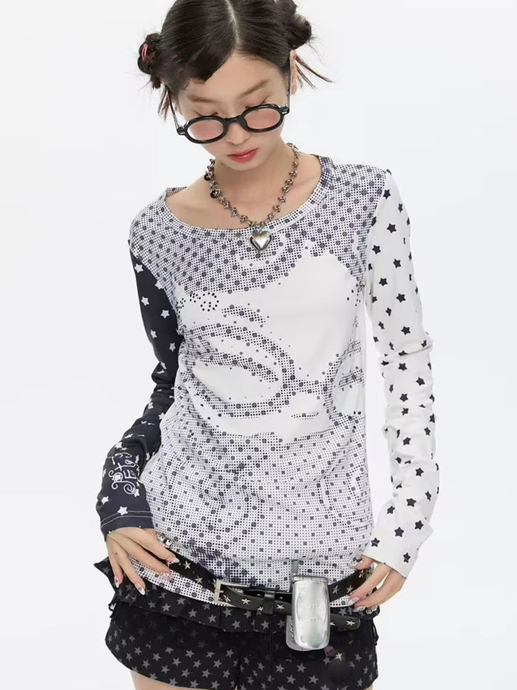 Vintage Fashion T Shirts - เสื้อยืดแขนยาวสไตล์ Y2k สำหรับผู้หญิง ลายพิมพ์ลายจุดสไตล์อนิเมะ ดีไซน์ปะติด ทรงเข้ารูป