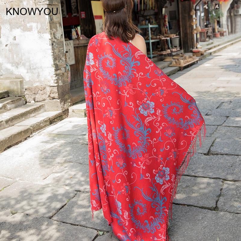 Vintage Fashion Hijab - ขนาดใหญ่ผ้าพันคอสแควร์เลียนแบบแคชเมียร์ดอกไม้ฮิญาบคอผ้าพันคอ Pashmina Vintage จริยธรรมสไตล์ผ้าห่ม Capes 140X140