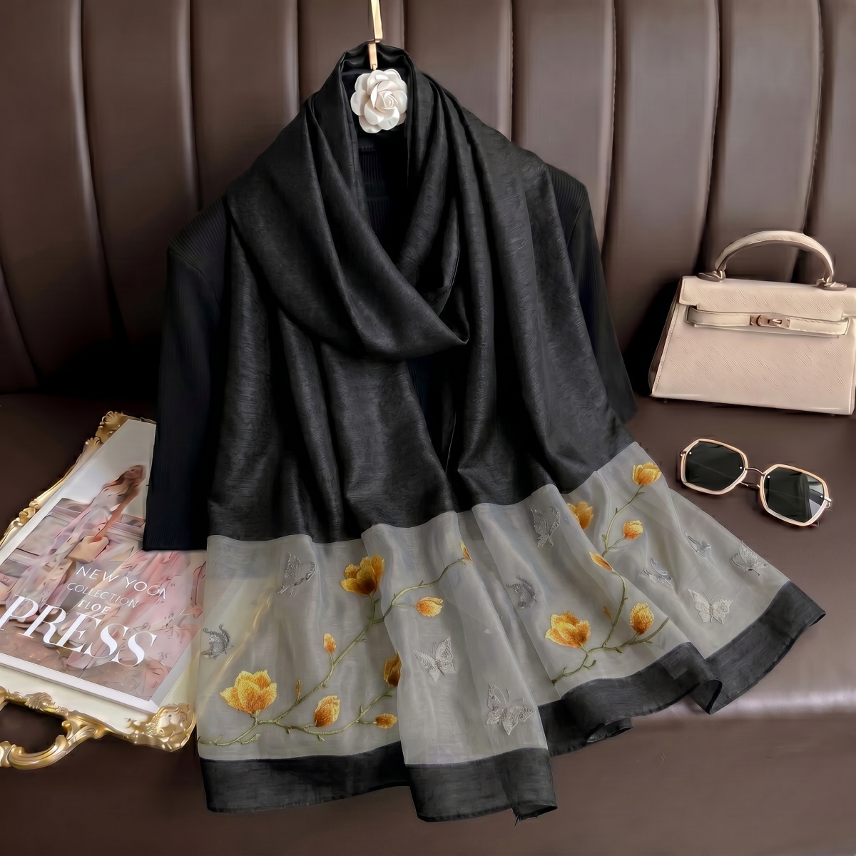 Vintage Fashion Hijab - ผ้าพันคอพิมพ์ลาย ฮิญาบ ผ้าพันคอไหม ผ้าคลุมศีรษะผู้หญิง ผ้าพันคอไหมปักลายดอกไม้ ผ้าไหมมัลเบอร์รี่