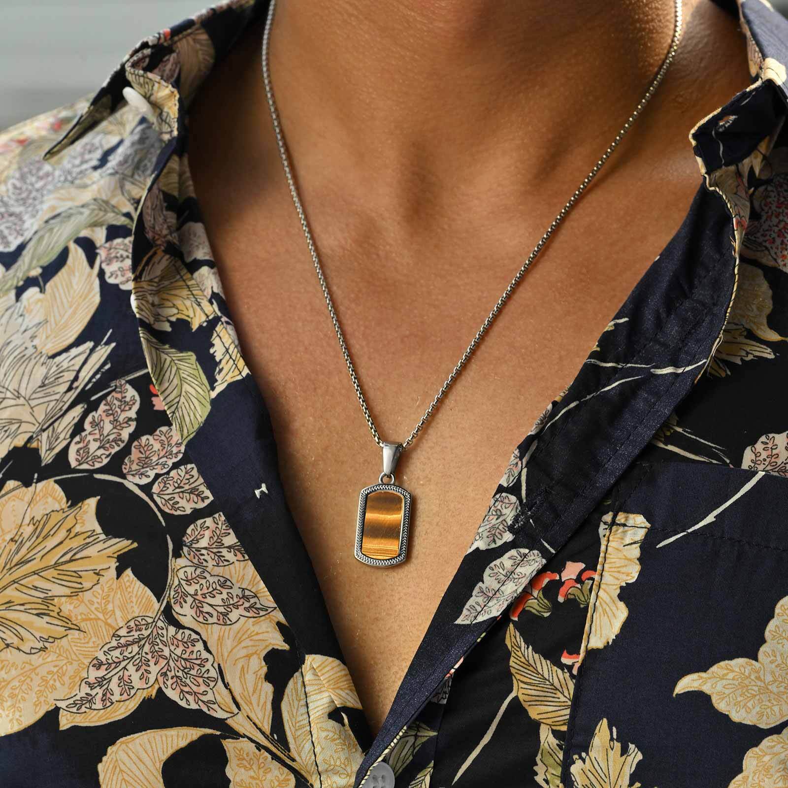 Vintage Fashion Tags - สร้อยคอจี้หินตาเสือสแตนเลส Vnox สำหรับผู้ชาย สร้อยคอทรงสี่เหลี่ยมแบบวินเทจ ป้องกันการแพ้ พร้อมจี้แบบ