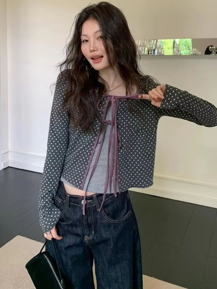 เสื้อคาร์ดิแกนถักลายจุดสำหรับผ - Vintage Fashion Style Female บทวิจารณ์และราคา