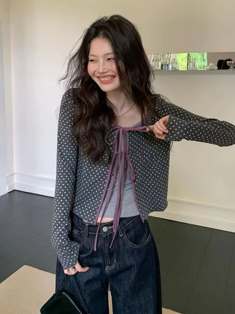 เสื้อคาร์ดิแกนถักลายจุดสำหรับผ - Vintage Fashion Style Female บทวิจารณ์และราคา