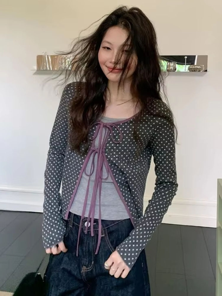 เสื้อคาร์ดิแกนถักลายจุดสำหรับผ - Vintage Fashion Style Female บทวิจารณ์และราคา