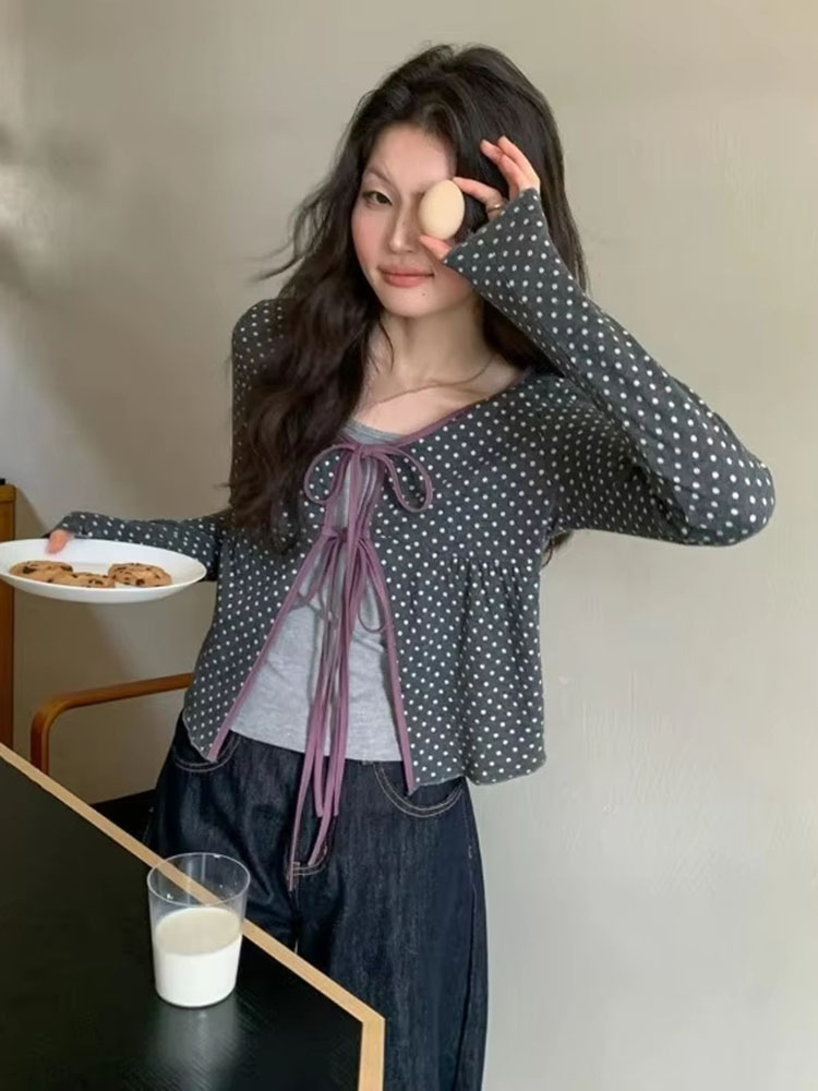 เสื้อคาร์ดิแกนถักลายจุดสำหรับผ - Vintage Fashion Style Female บทวิจารณ์และราคา
