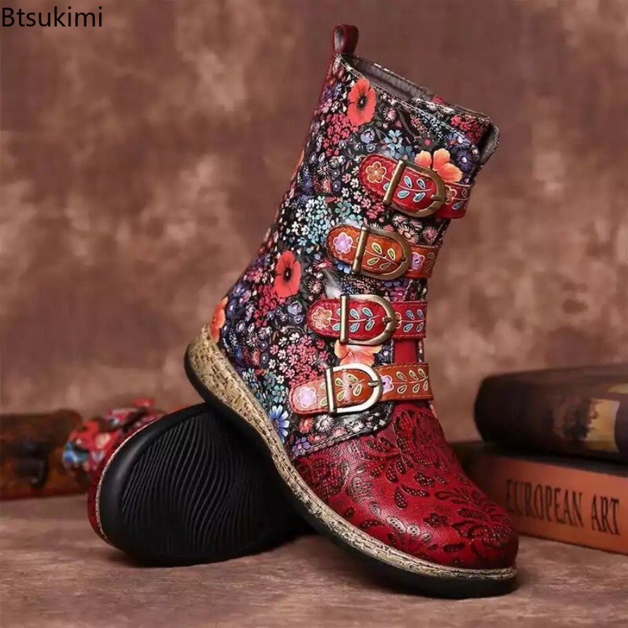 รองเท้าบูทหนังพิมพ์ลายสไตล์ชาต - Vintage Fashion Style Female บทวิจารณ์และราคา