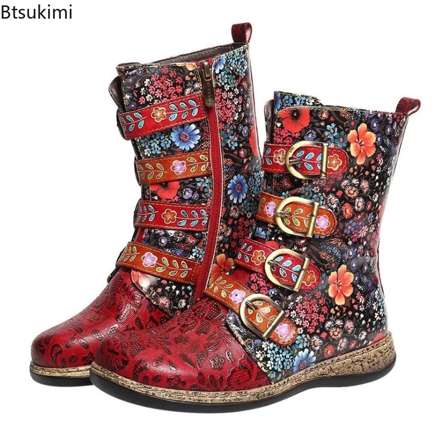 รองเท้าบูทหนังพิมพ์ลายสไตล์ชาต - Vintage Fashion Style Female บทวิจารณ์และราคา