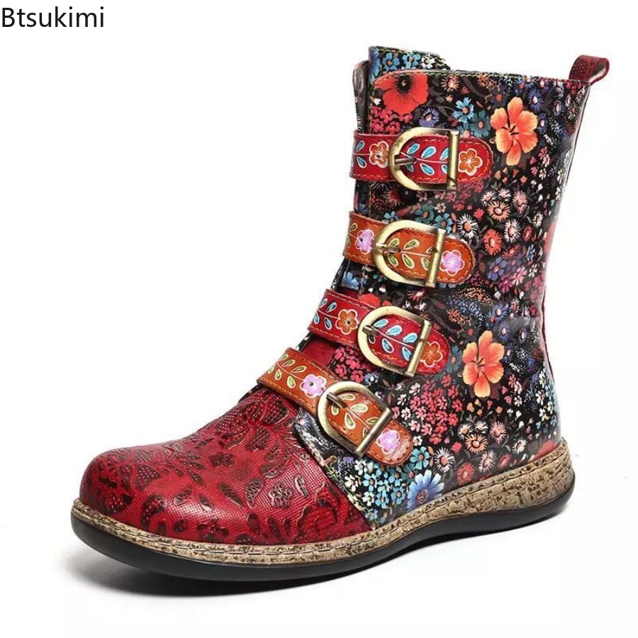 รองเท้าบูทหนังพิมพ์ลายสไตล์ชาต - Vintage Fashion Style Female บทวิจารณ์และราคา